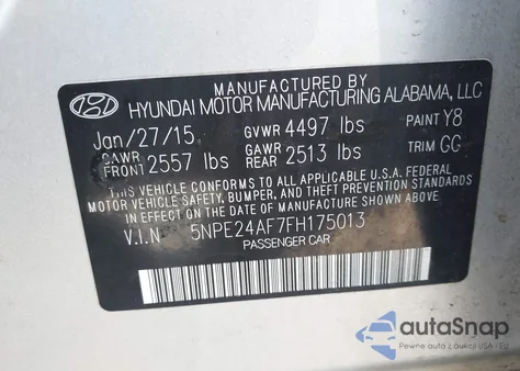 2015 Hyundai Sonata Se z USA, uszkodzony, nr VIN 5NPE24AF7FH175013